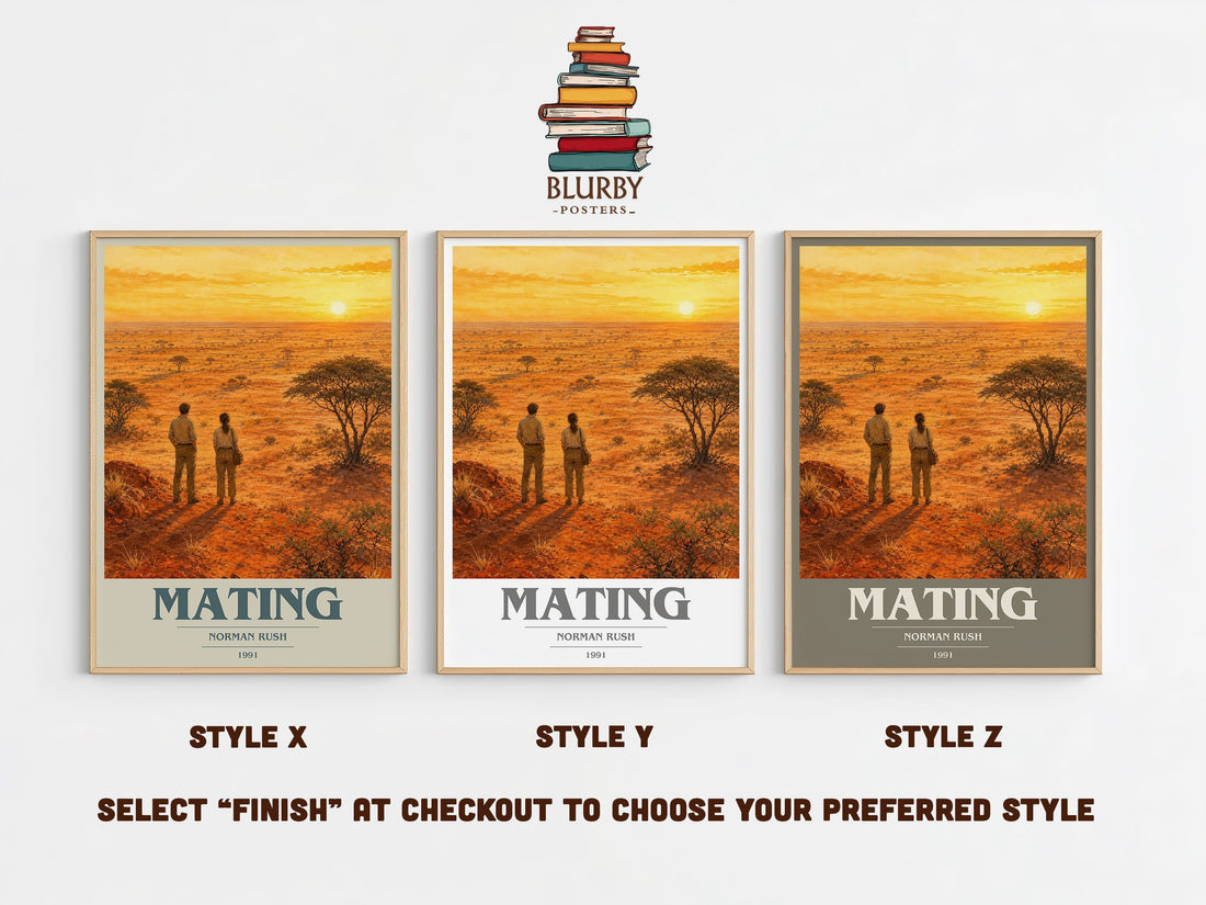 Mating book cover print in frame leaning in hallway – literary fiction wall art (mockup)