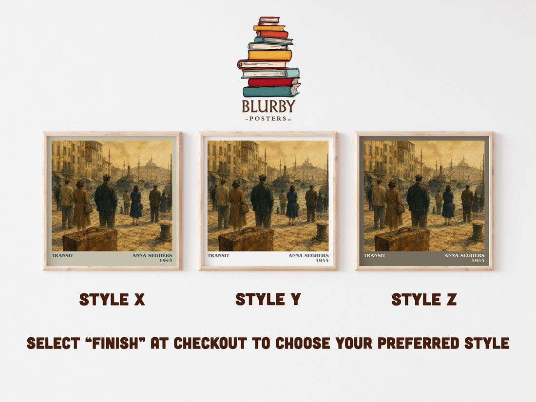 Transit literary print in frame leaning in hallway – historical fiction wall art (mockup)