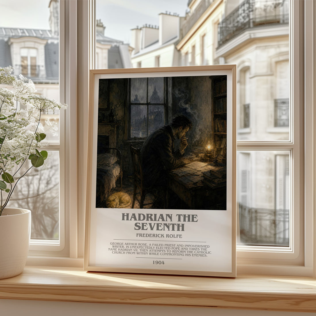 Hadrian the Seventh bookish print in frame leaning in hallway – satire wall art