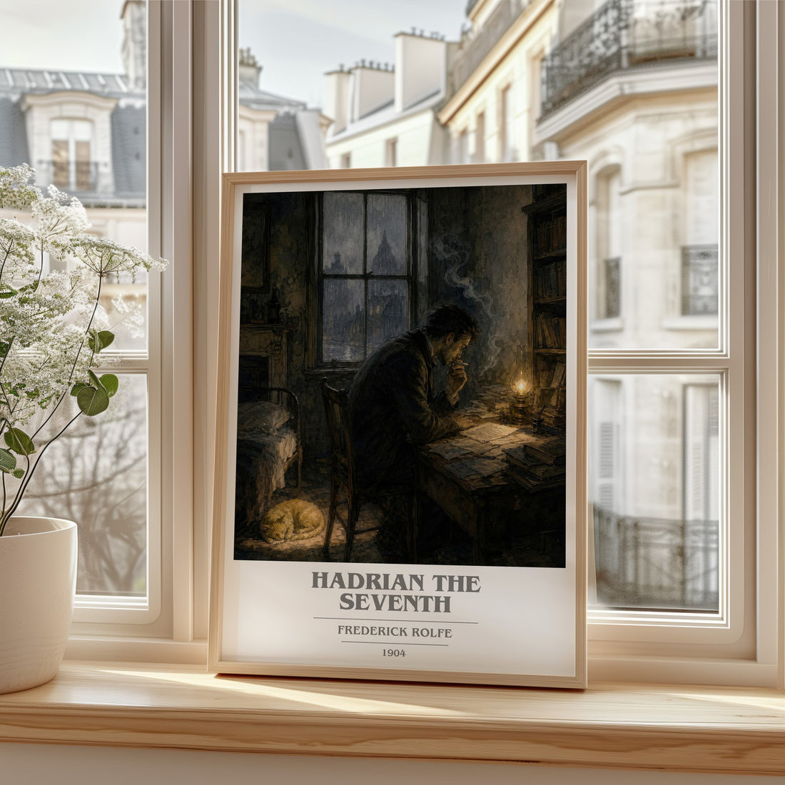 Hadrian the Seventh book cover print in frame leaning in hallway – satire wall art