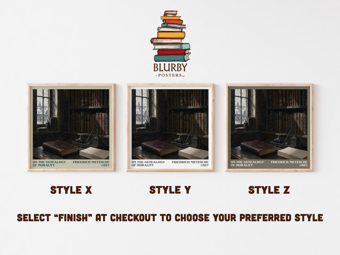 On the Genealogy of Morality literary print in frame leaning in hallway – philosophy wall art (mockup)