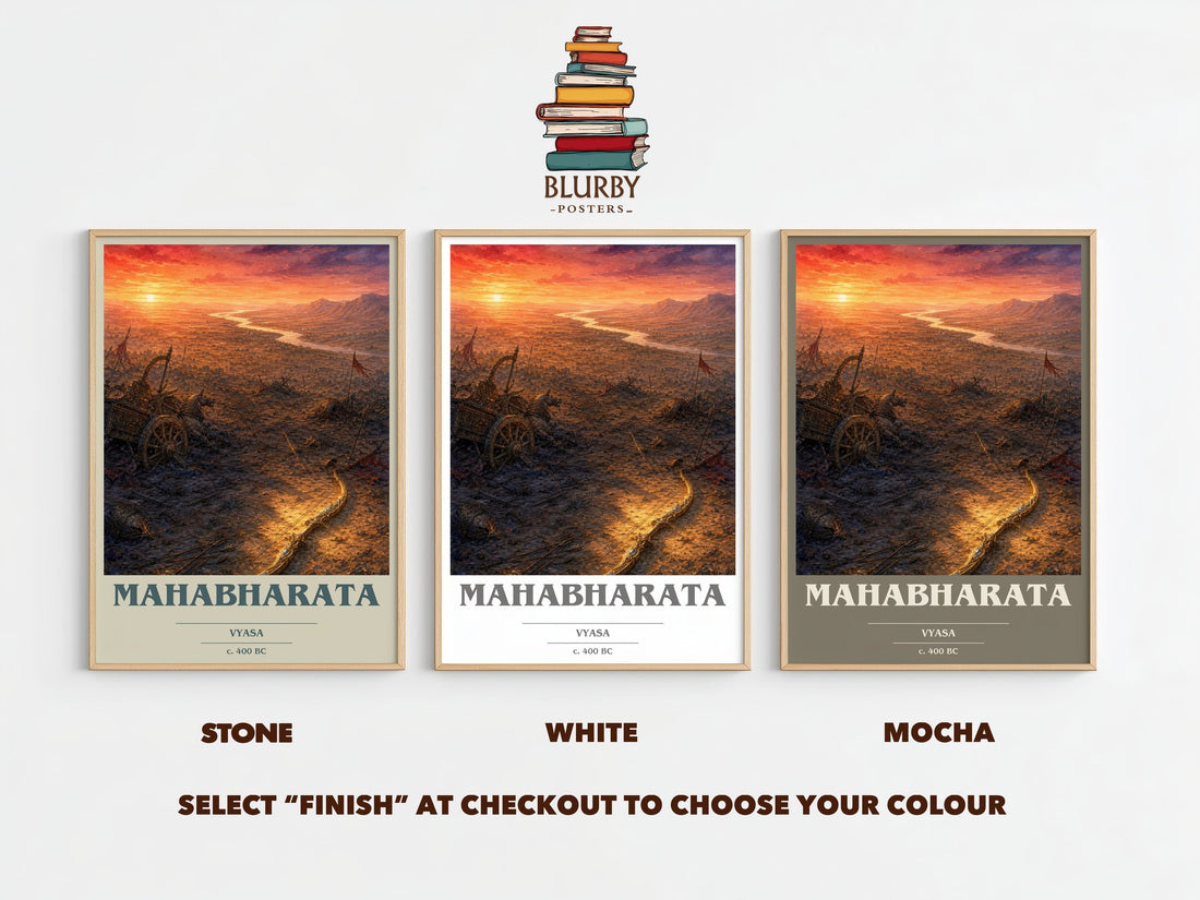 Mahabharata book cover print framed by window – Stone, White and Mocha side by side – choose your colour