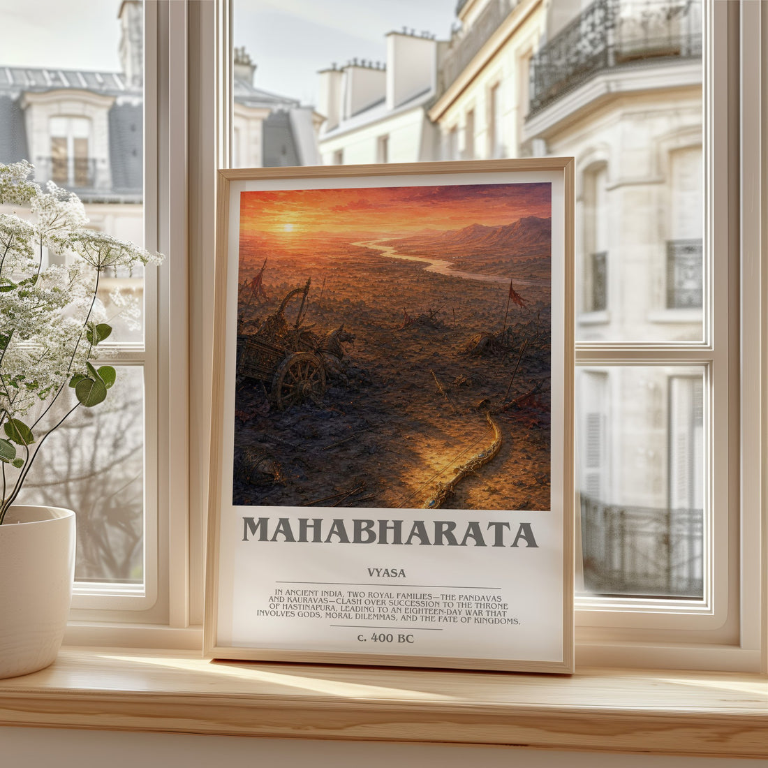 Mahabharata bookish print in frame leaning in hallway – classic literature wall art