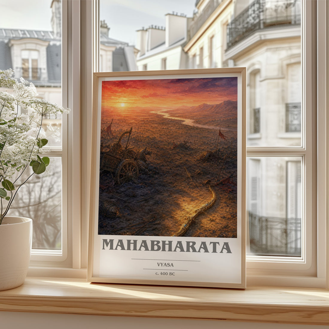 Mahabharata book cover print in frame leaning in hallway – classic literature wall art