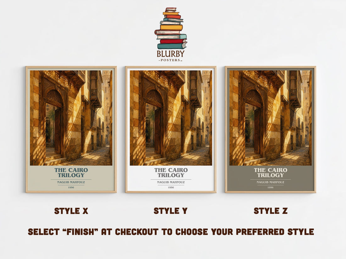 The Cairo Trilogy book cover print in frame leaning in hallway – literary fiction wall art (mockup)