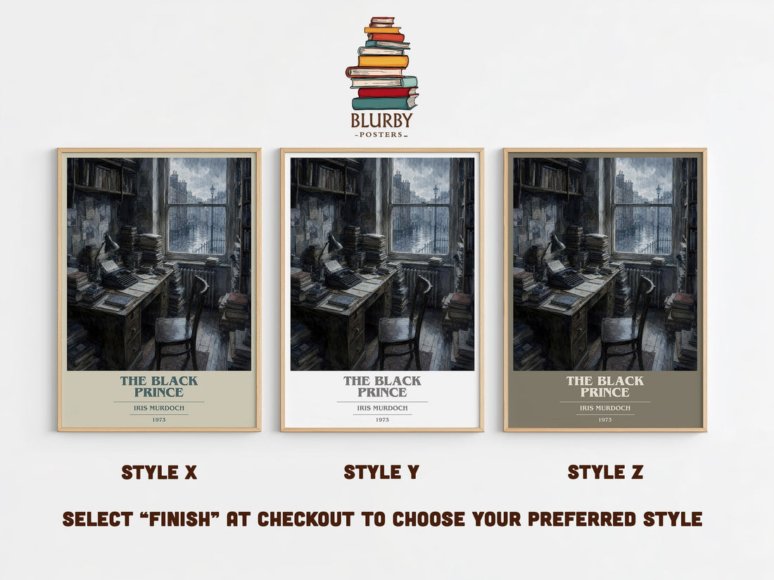 The Black Prince book cover print in frame leaning in hallway – literary fiction wall art (mockup)