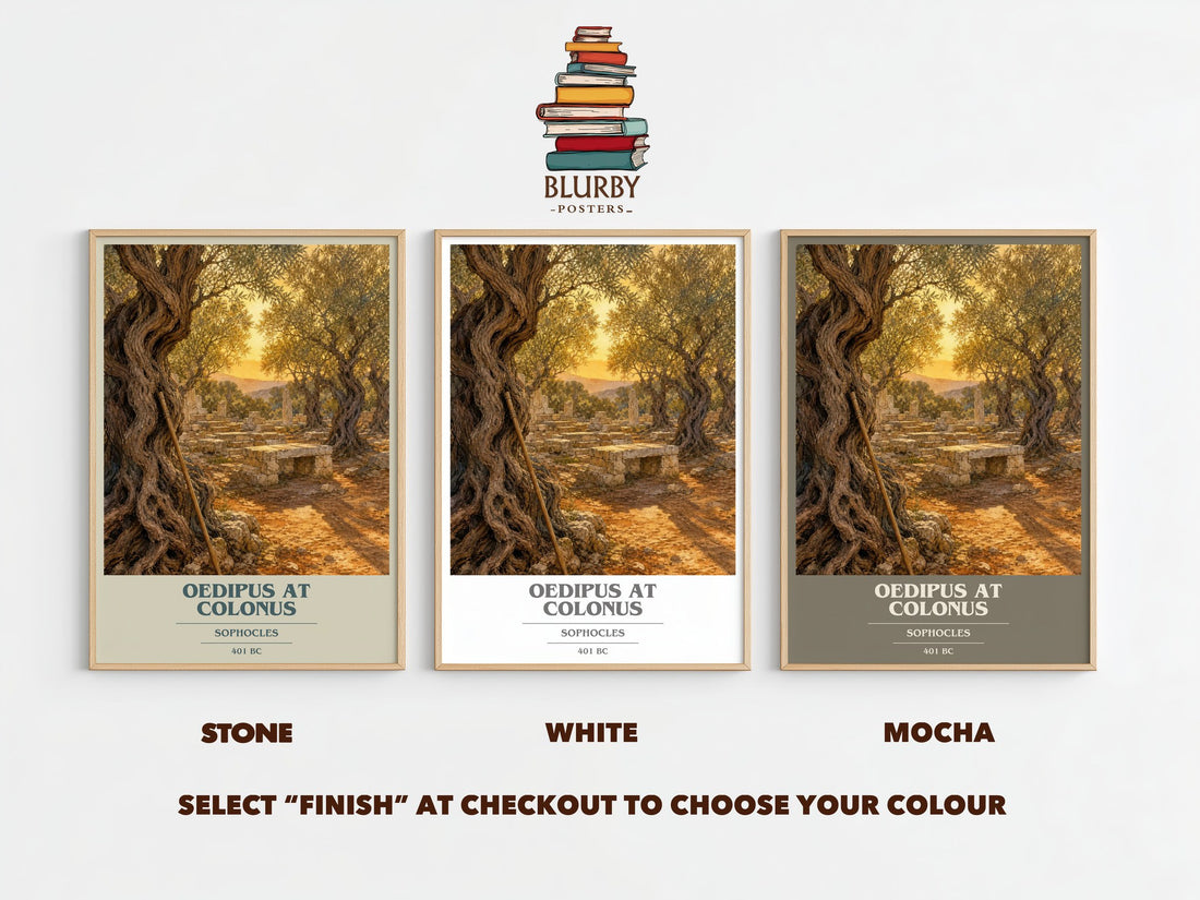 Oedipus at Colonus book cover print framed by window – Stone, White and Mocha side by side – choose your colour