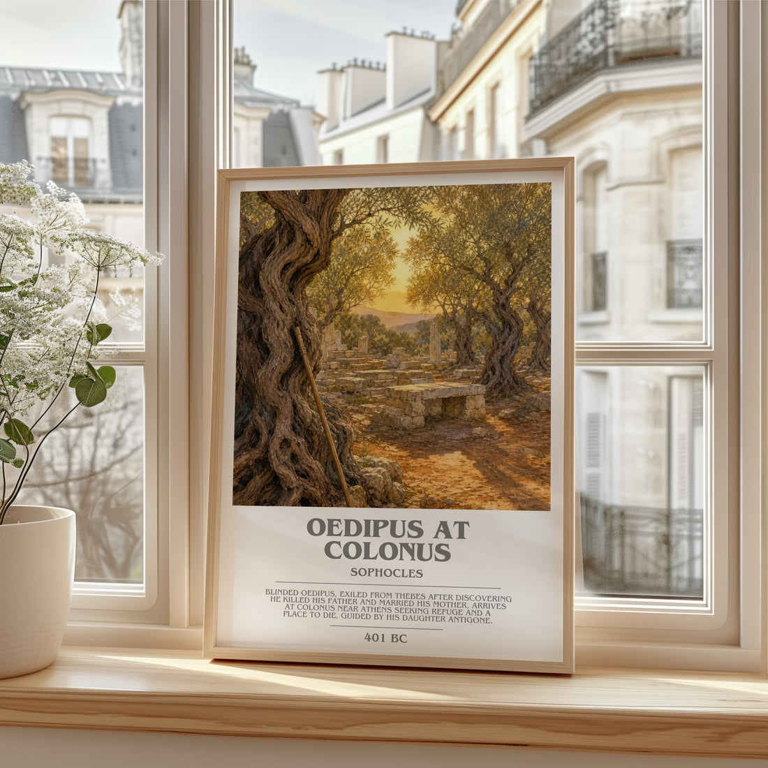 Oedipus at Colonus bookish print in frame leaning in hallway – classic literature wall art