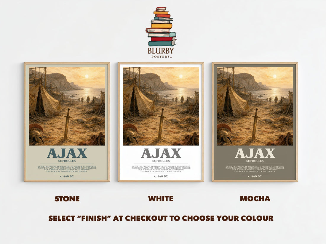 Ajax bookish print framed by window – Stone, White and Mocha side by side – choose your colour