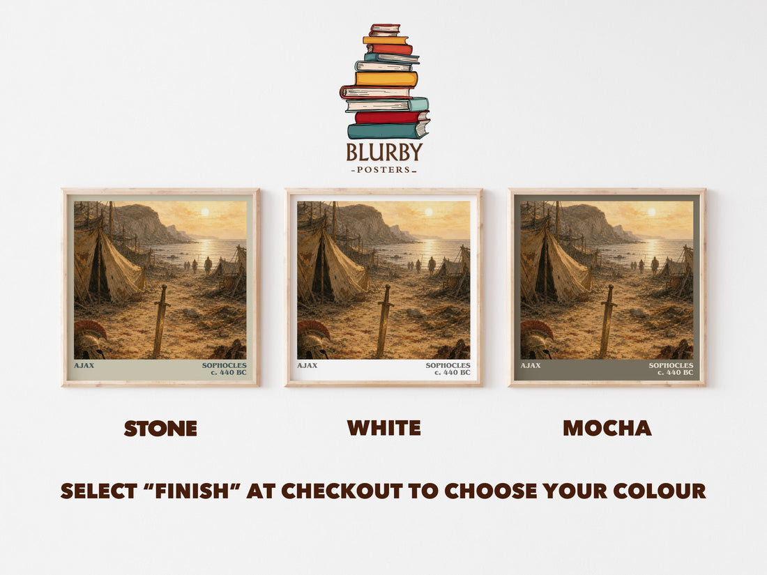 Ajax literary print framed by window – Stone, White and Mocha square prints side by side – choose your colour