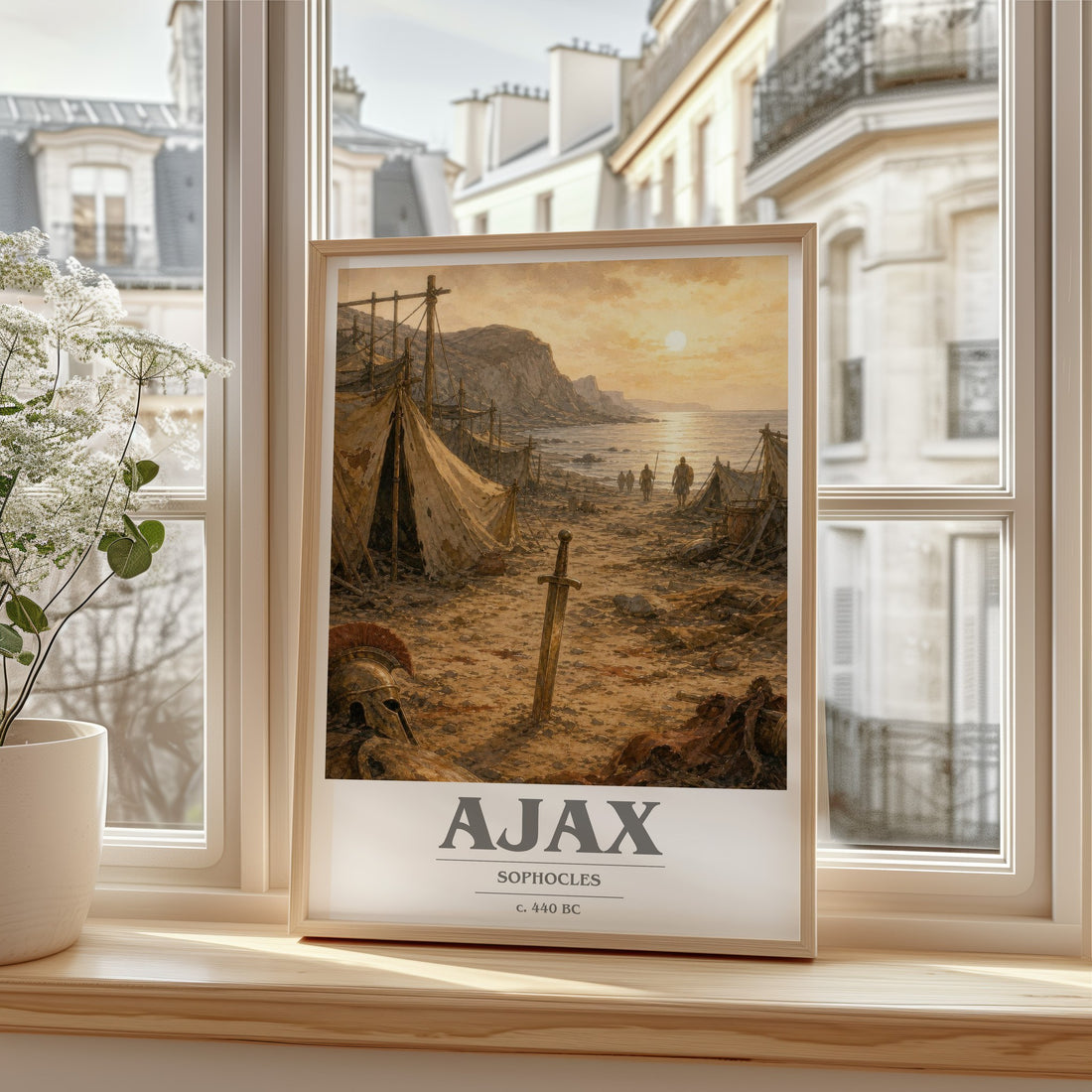 Ajax book cover print in frame leaning in hallway – classic literature wall art