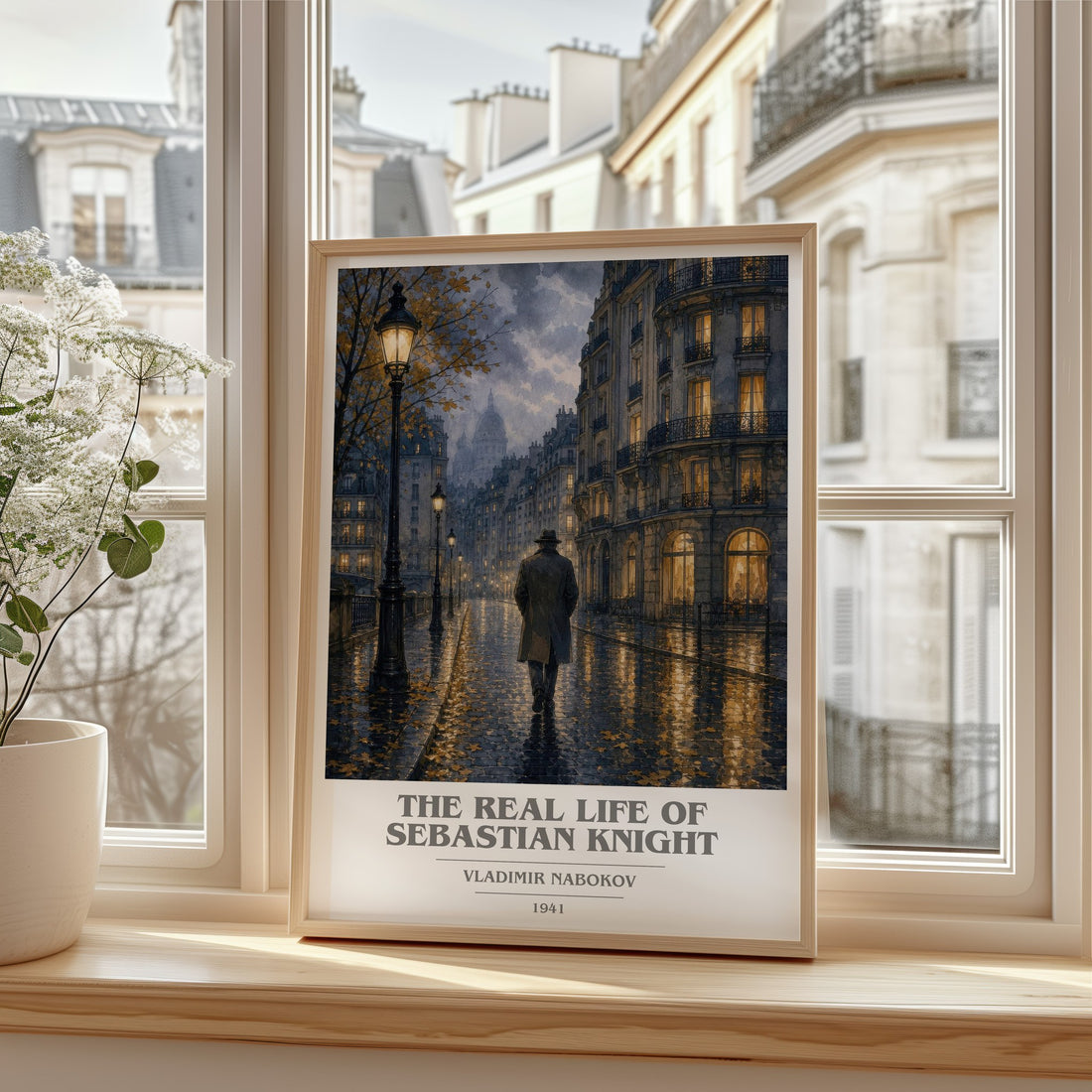 The Real Life of Sebastian Knight book cover print in frame leaning in hallway – literary fiction wall art