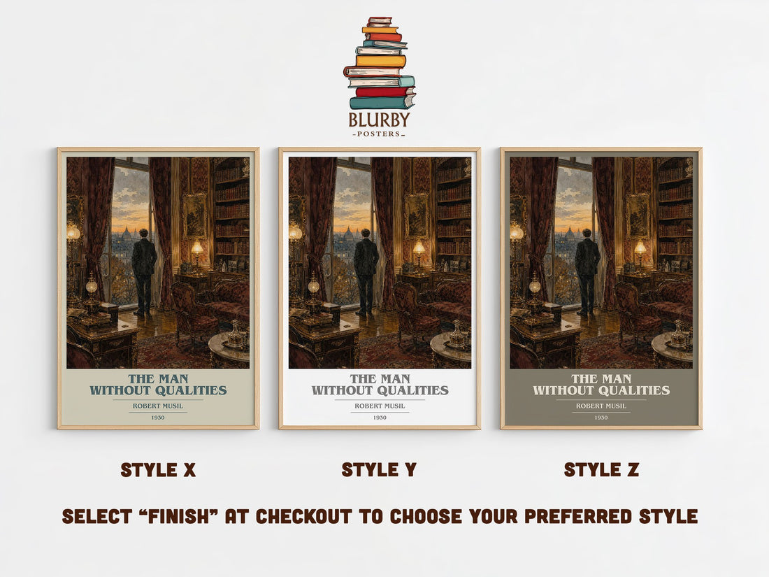 The Man Without Qualities book cover print in frame leaning in hallway – literary fiction wall art (mockup)