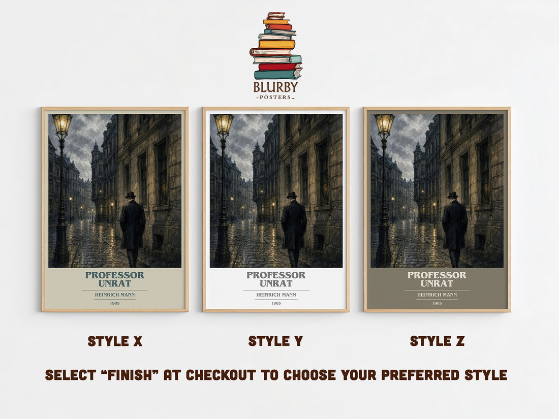 Professor Unrat book cover print in frame leaning in hallway – satire wall art (mockup)