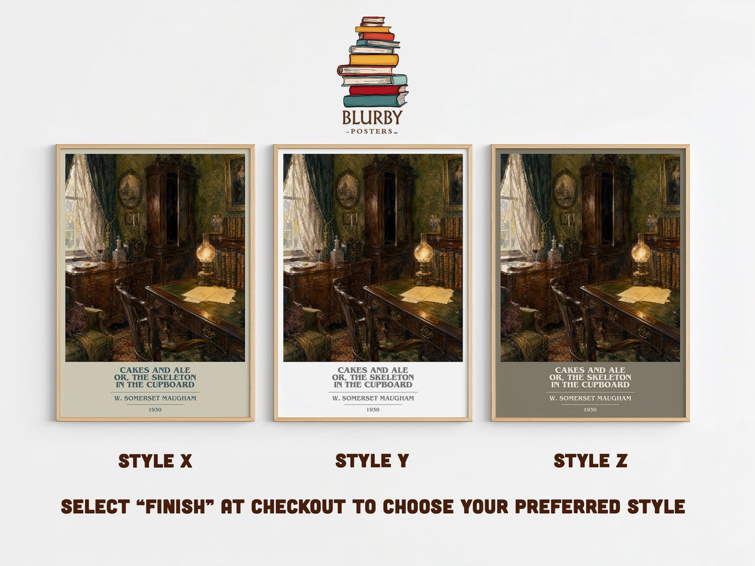Cakes And Ale Or, The Skeleton In The Cupboard book cover print in frame leaning in hallway – satire wall art