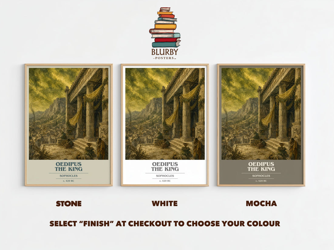 Oedipus the King book cover print framed by window – Stone, White and Mocha side by side – choose your colour