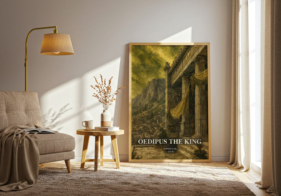 Oedipus the King watercolour print in frame leaning in hallway – classic literature wall art