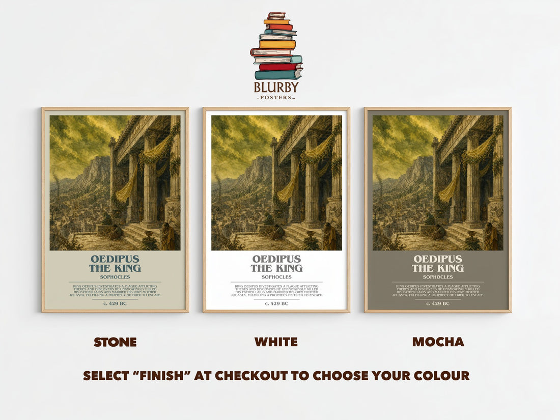 Oedipus the King bookish print framed by window – Stone, White and Mocha side by side – choose your colour