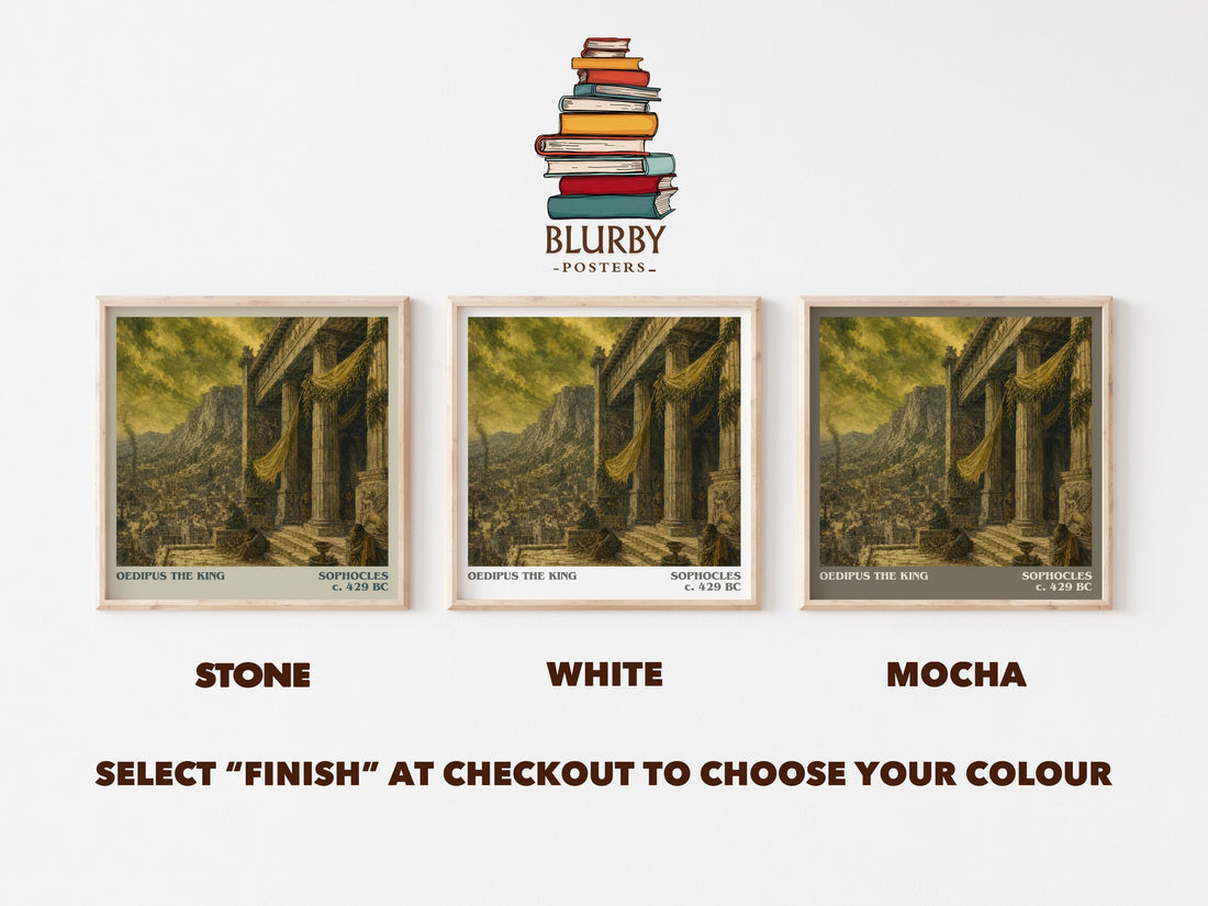Oedipus the King literary print framed by window – Stone, White and Mocha square prints side by side – choose your colour