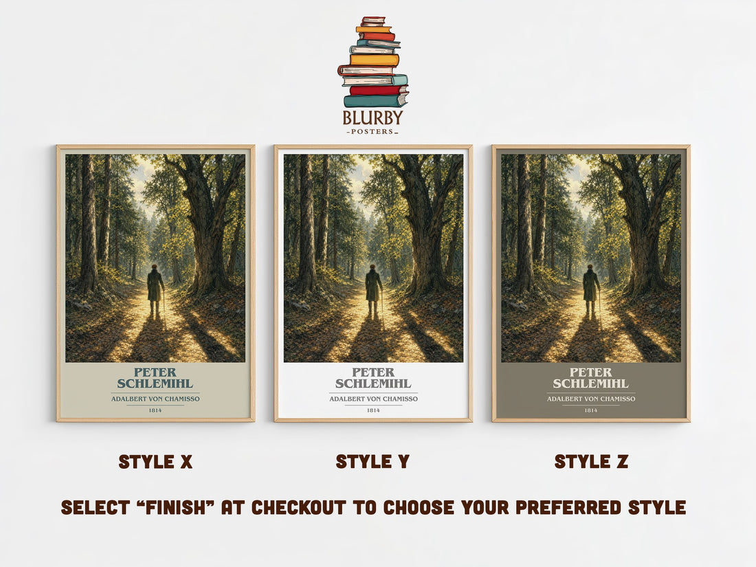 Peter Schlemihl book cover print in frame leaning in hallway – classic literature wall art (mockup)