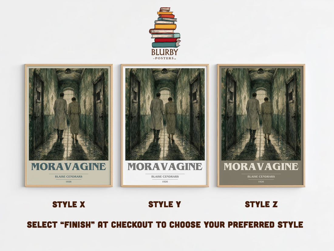 Moravagine book cover print in frame leaning in hallway – literary fiction wall art (mockup)