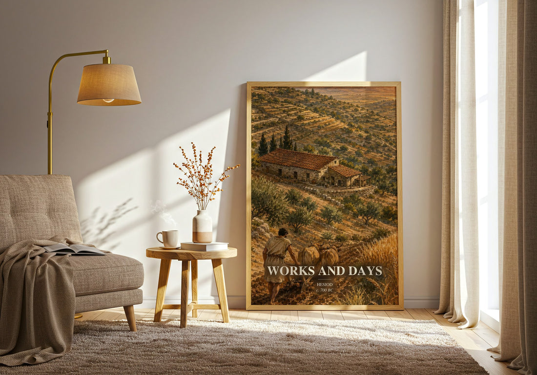 Works and Days watercolour print in frame leaning in hallway – poetry wall art