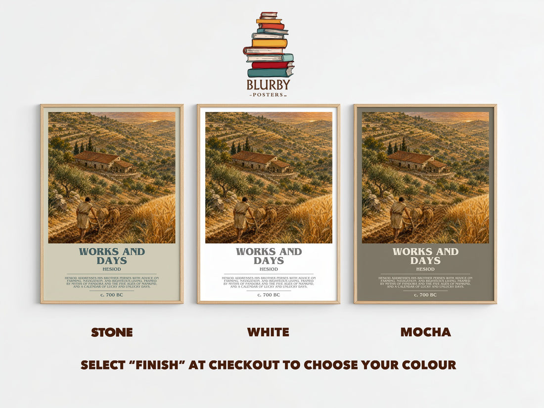 Works and Days bookish print framed by window – Stone, White and Mocha side by side – choose your colour