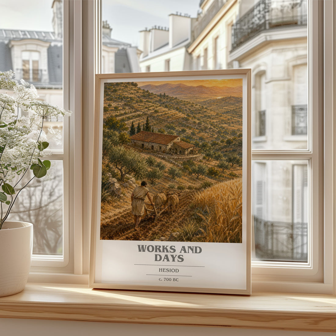 Works and Days book cover print in frame leaning in hallway – poetry wall art