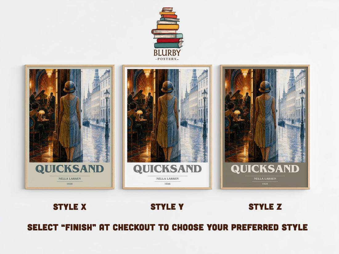 Quicksand book cover print in frame leaning in hallway – literary fiction wall art (mockup)
