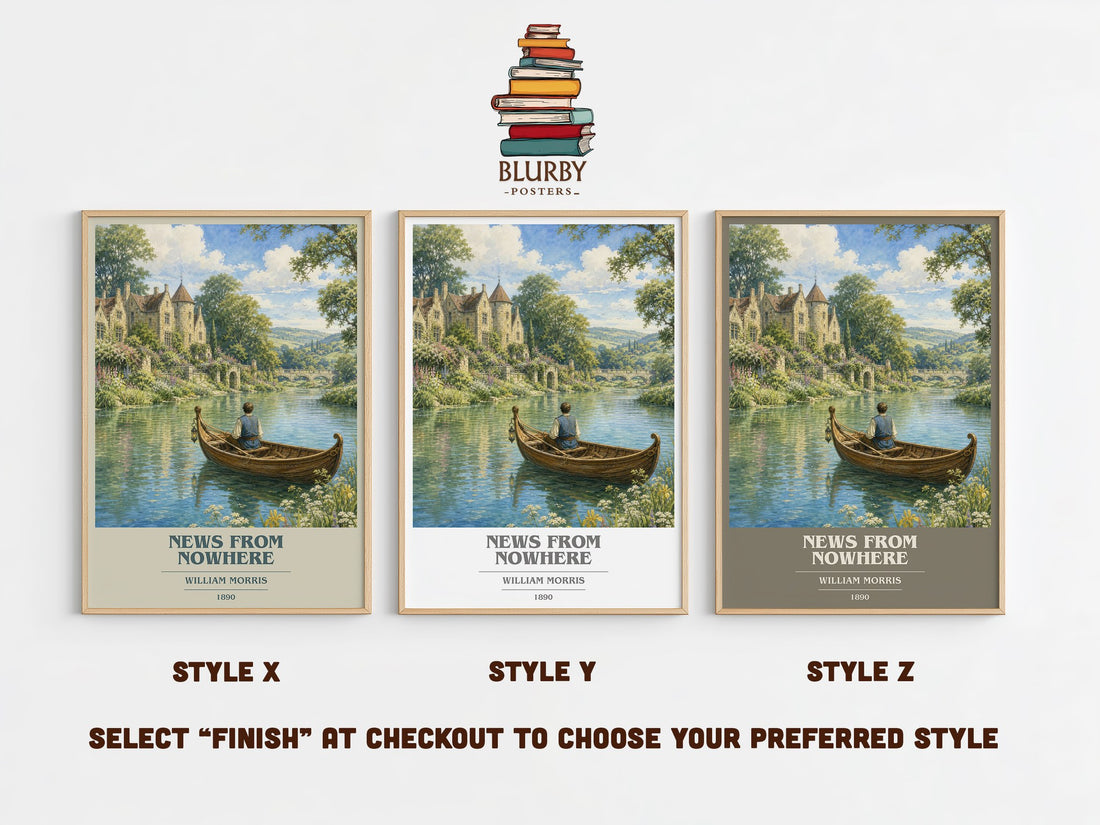 News from Nowhere book cover print in frame leaning in hallway – classic literature wall art (mockup)