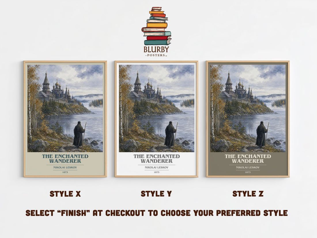 The Enchanted Wanderer book cover print in frame leaning in hallway – classic literature wall art (mockup)