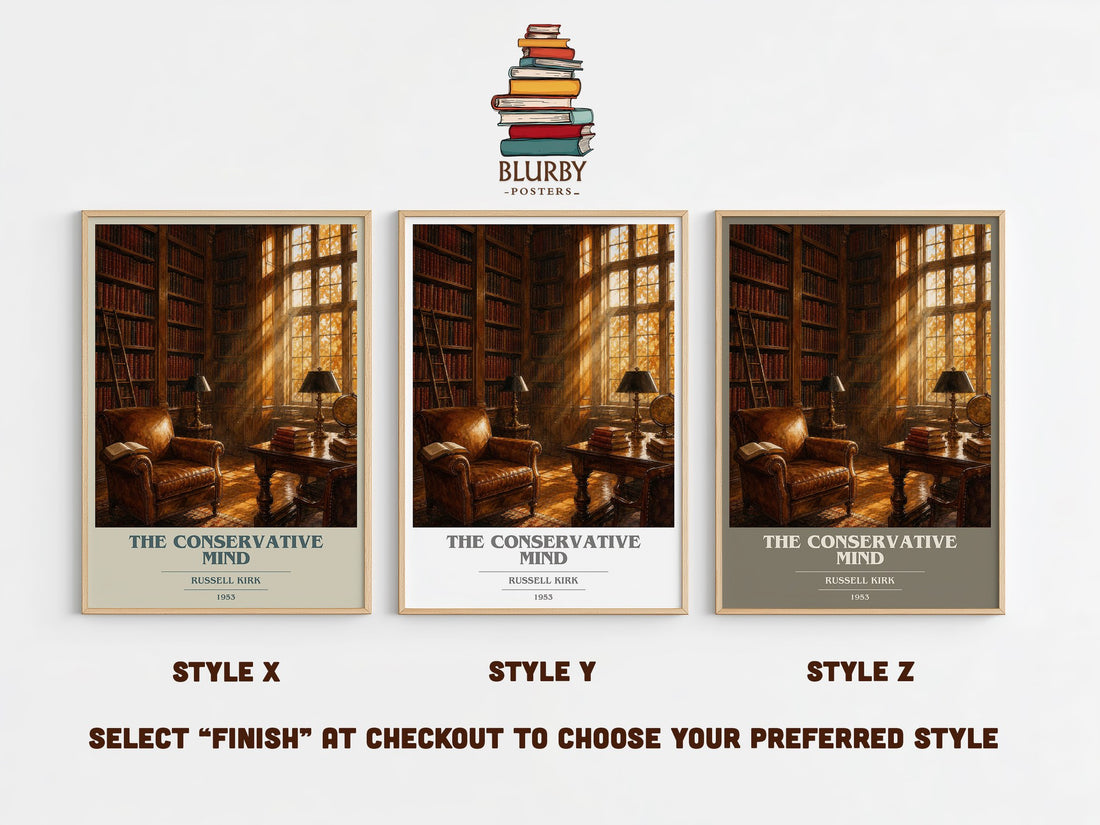 The Conservative Mind book cover print in frame leaning in hallway – non fiction wall art (mockup)