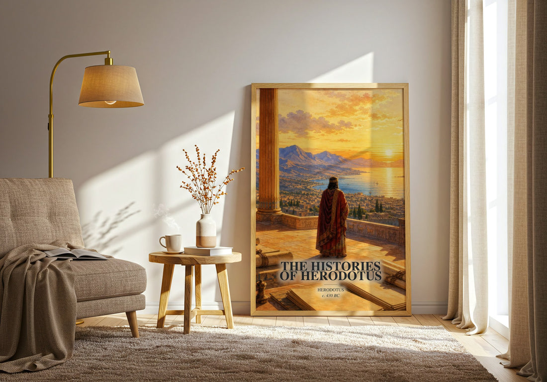 The Histories of Herodotus watercolour print in frame leaning in hallway – non fiction wall art