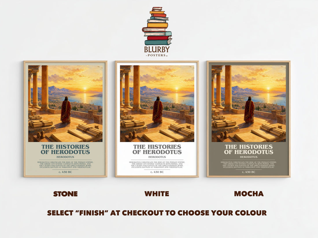 The Histories of Herodotus bookish print framed by window – Stone, White and Mocha side by side – choose your colour