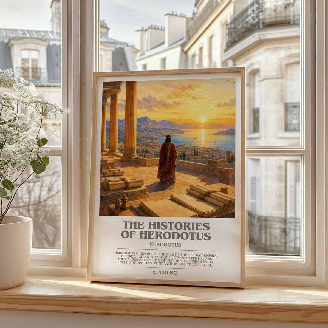 The Histories of Herodotus bookish print in frame leaning in hallway – non fiction wall art