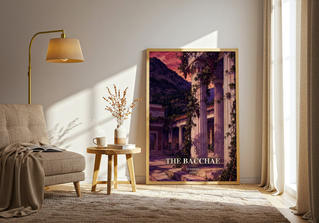 The Bacchae watercolour print in frame leaning in hallway – classic literature wall art