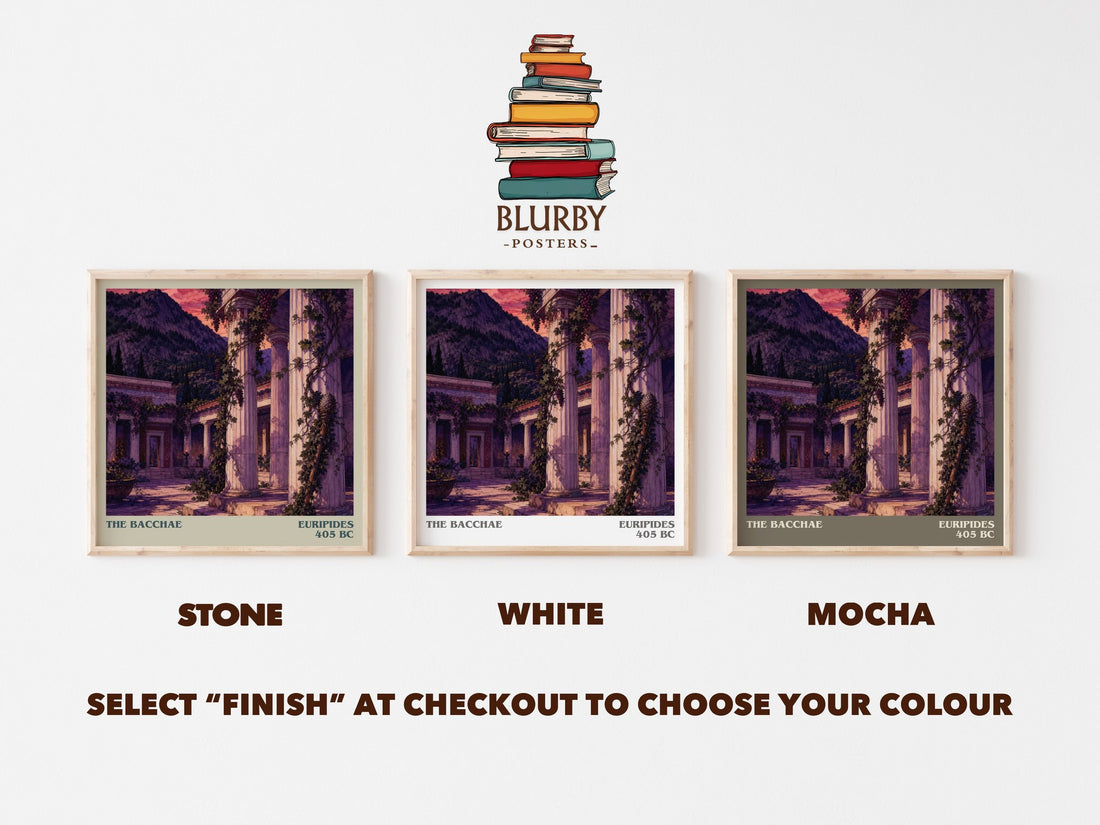 The Bacchae literary print framed by window – Stone, White and Mocha square prints side by side – choose your colour