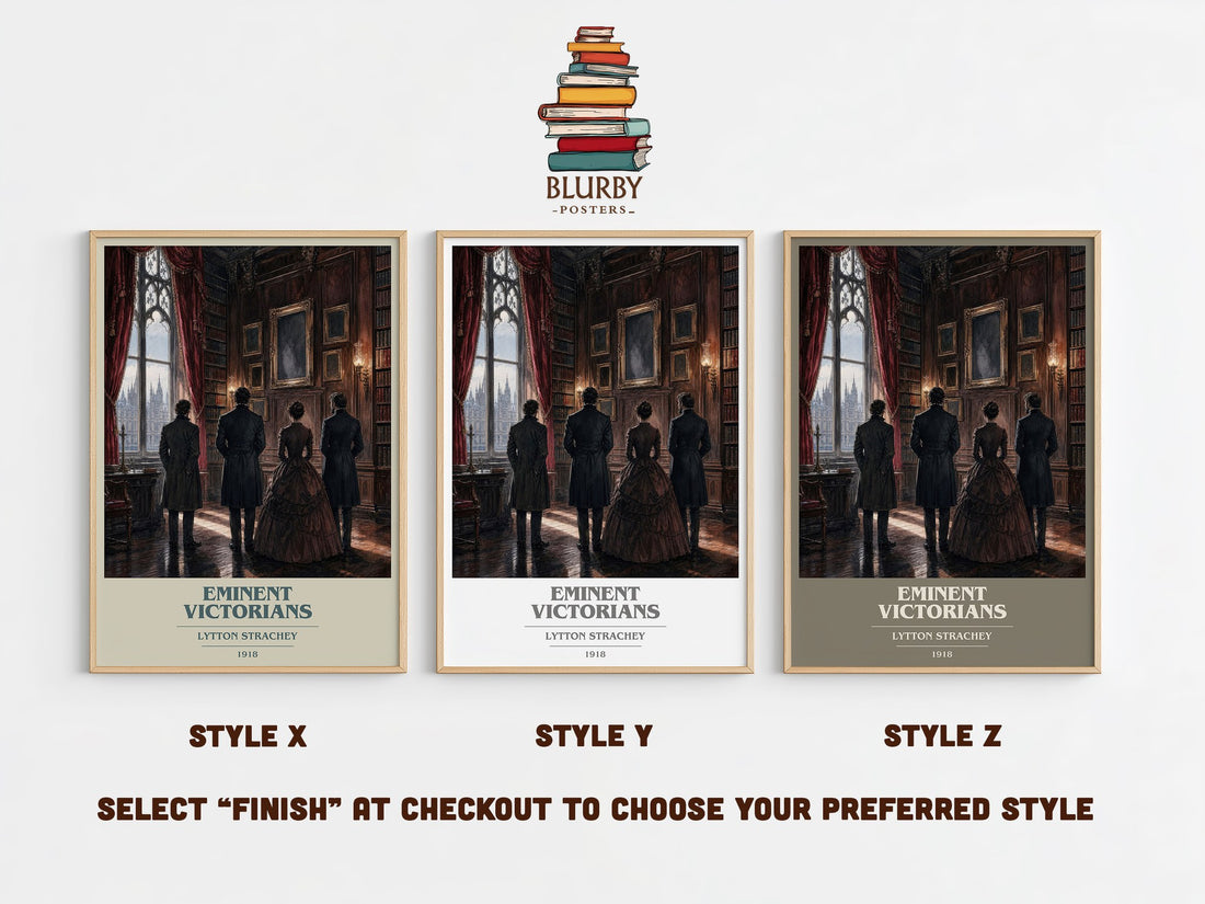 Eminent Victorians book cover print in frame leaning in hallway – non fiction wall art (mockup)