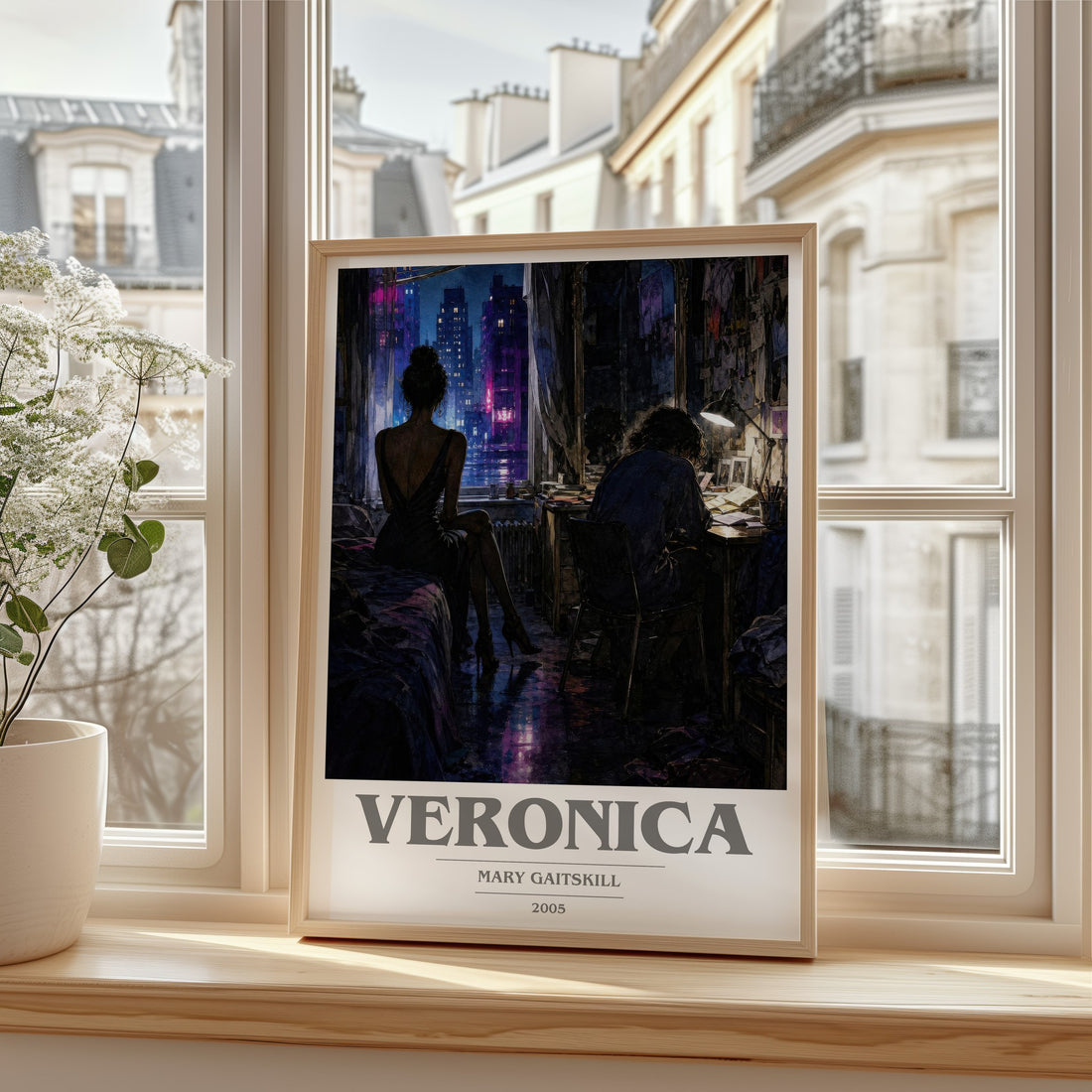 Veronica book cover print in frame leaning in hallway – literary fiction wall art