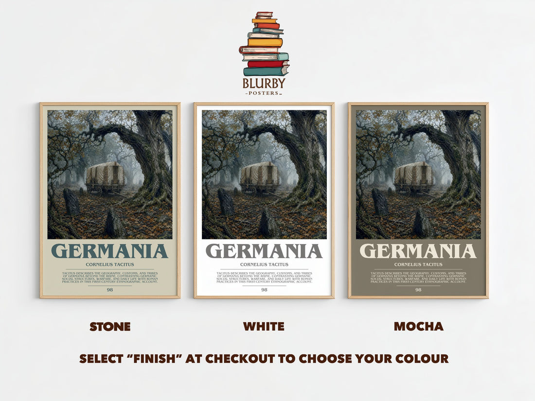 Germania bookish print framed by window – Stone, White and Mocha side by side – choose your colour