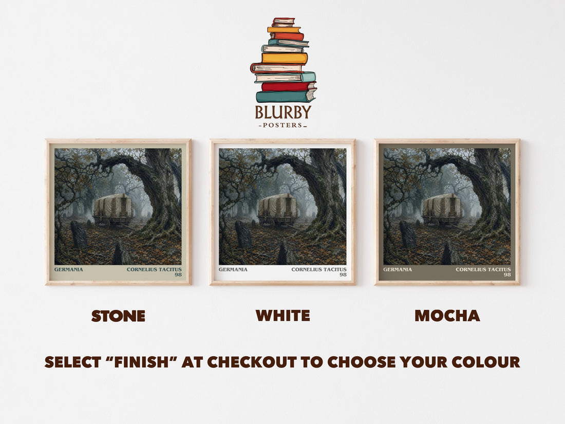 Germania literary print framed by window – Stone, White and Mocha square prints side by side – choose your colour