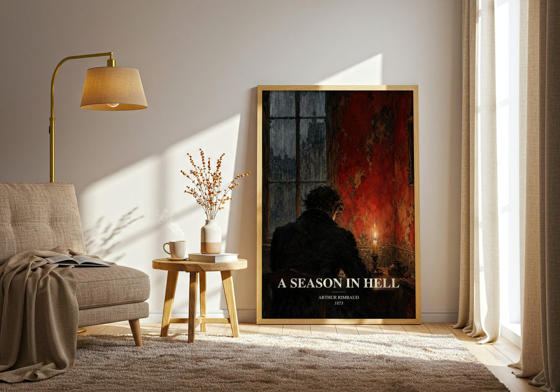 A Season in Hell watercolour print in frame leaning in hallway – poetry wall art