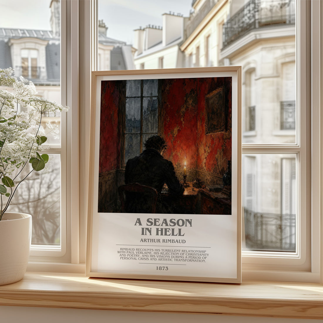 A Season in Hell bookish print in frame leaning in hallway – poetry wall art