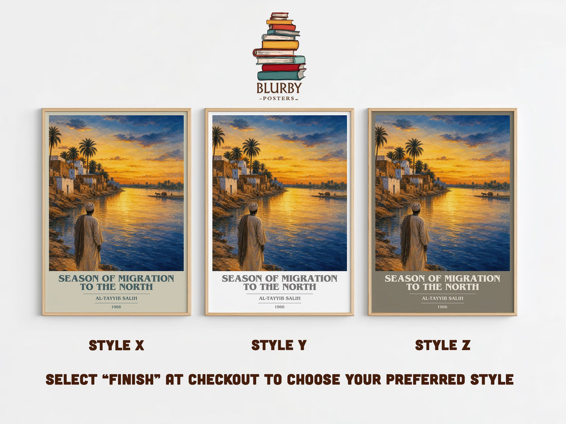 Season of Migration to the North book cover print in frame leaning in hallway – literary fiction wall art
