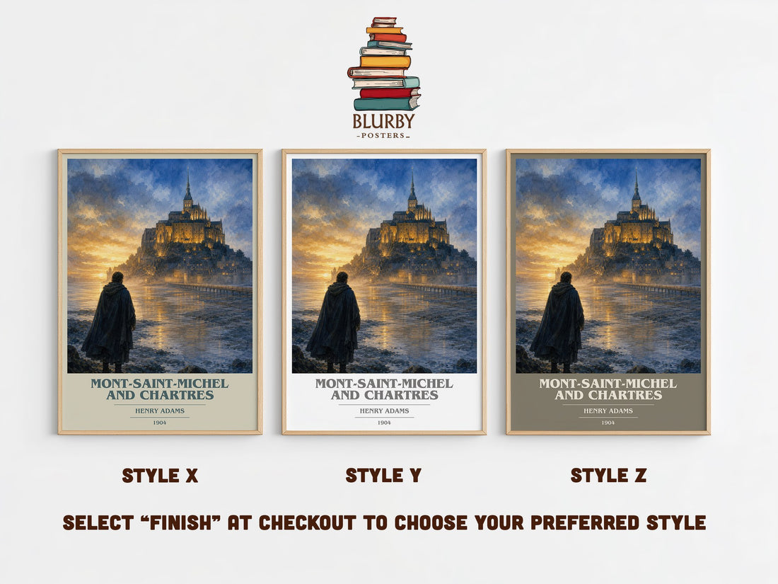 Mont-Saint-Michel and Chartres book cover print in frame leaning in hallway – non fiction wall art (mockup)