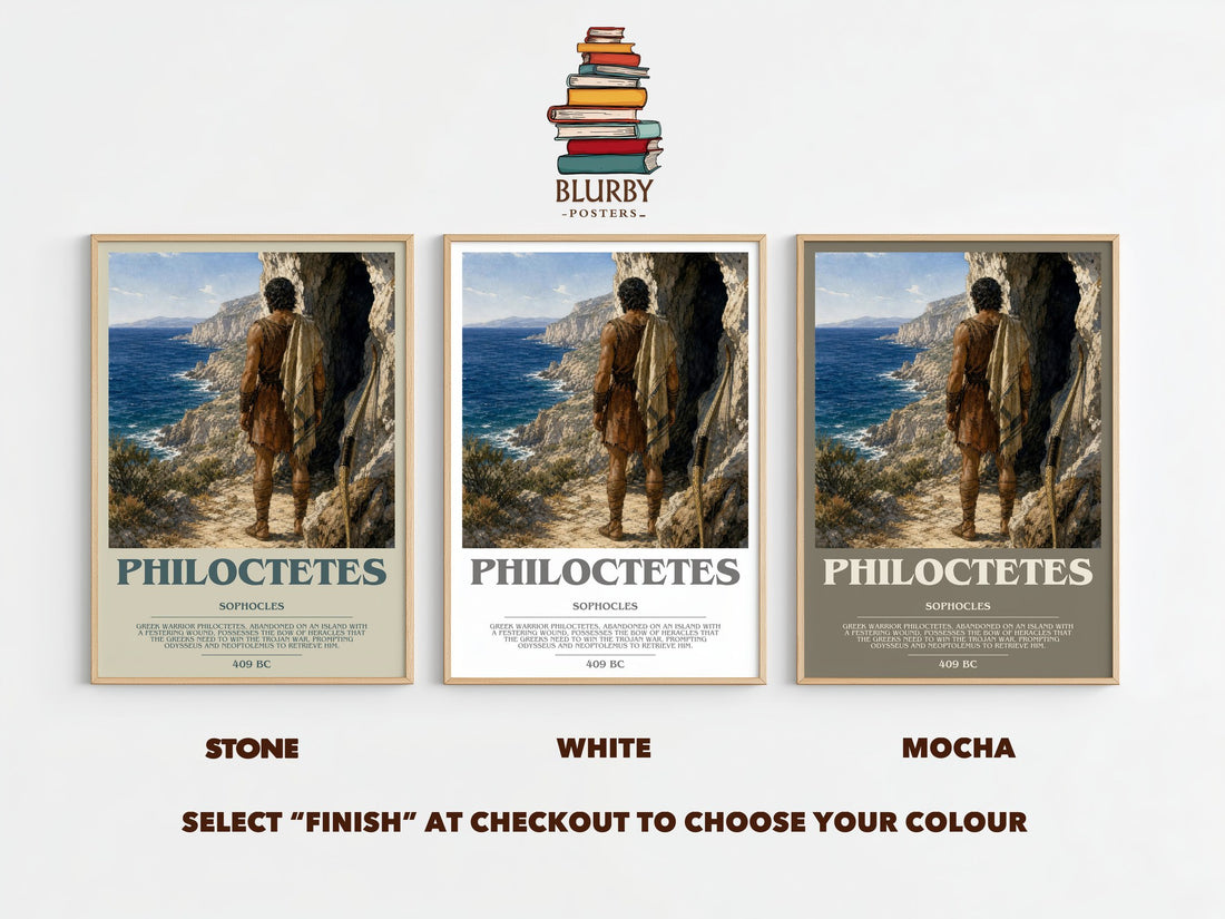 Philoctetes bookish print framed by window – Stone, White and Mocha side by side – choose your colour