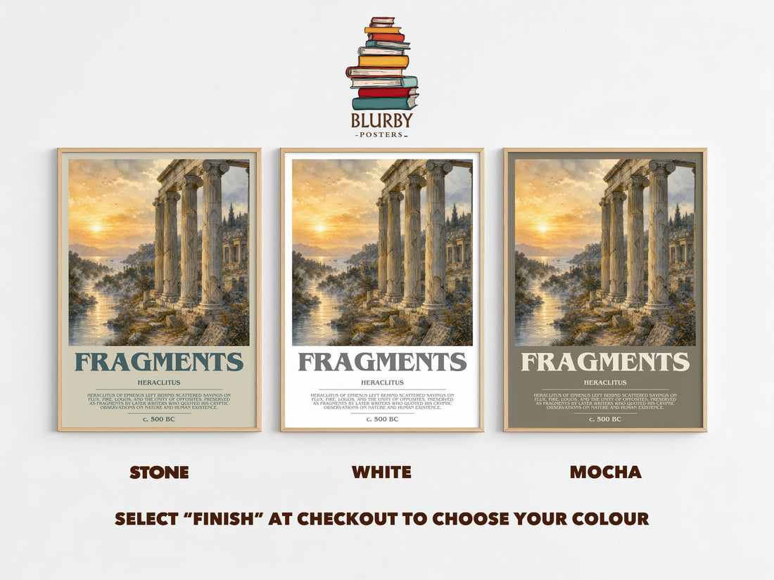 Fragments bookish print framed by window – Stone, White and Mocha side by side – choose your colour
