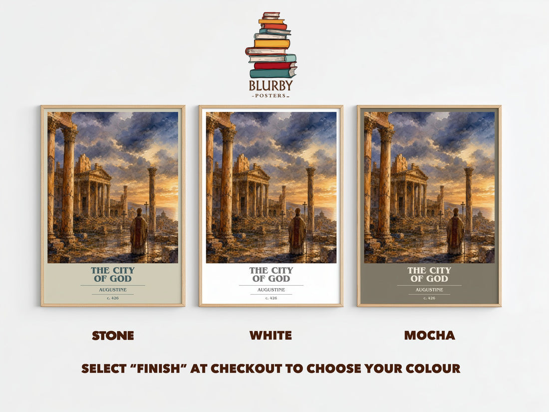 The City of God book cover print framed by window – Stone, White and Mocha side by side – choose your colour