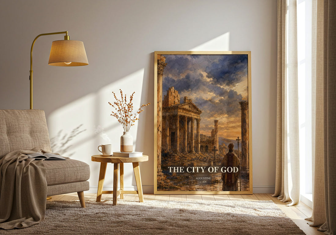 The City of God watercolour print in frame leaning in hallway – philosophy wall art