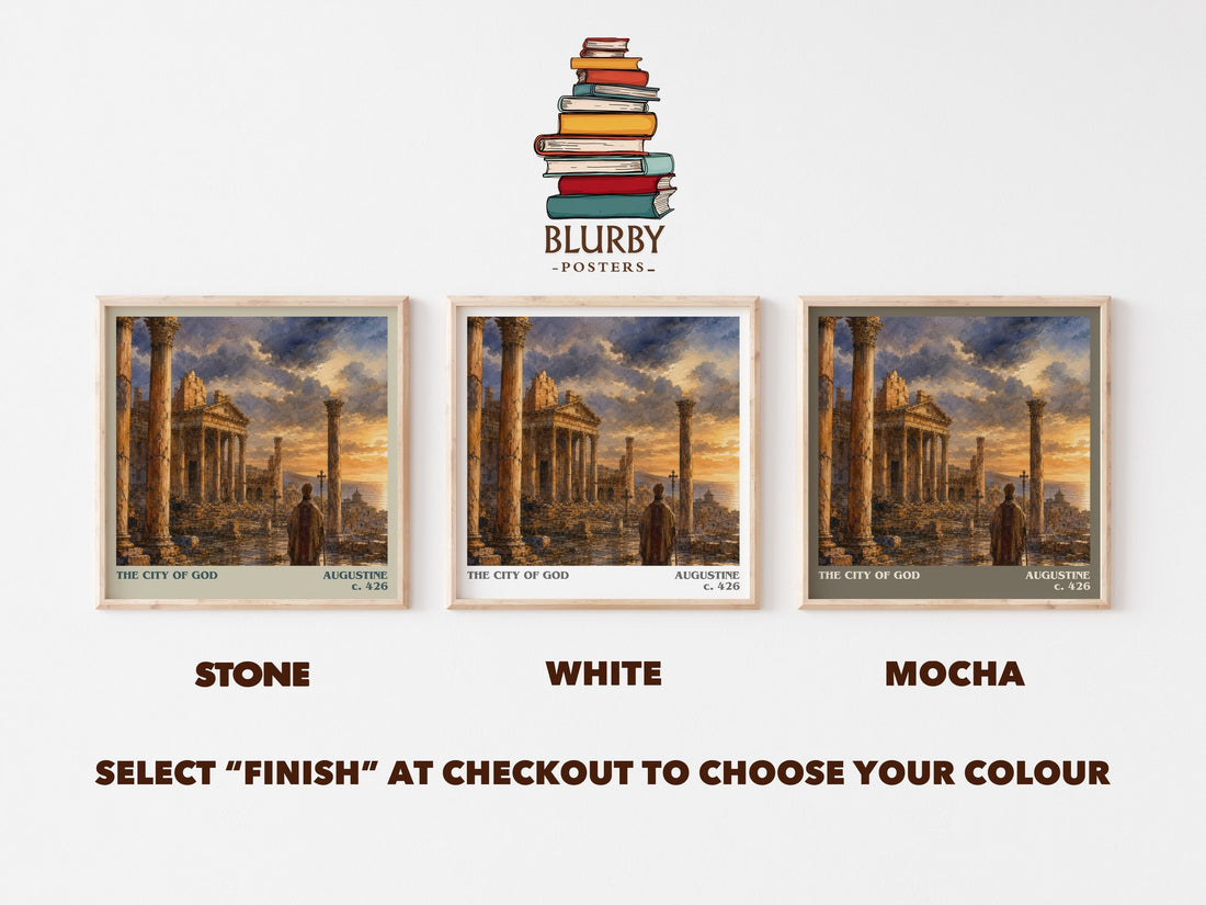 The City of God literary print framed by window – Stone, White and Mocha square prints side by side – choose your colour